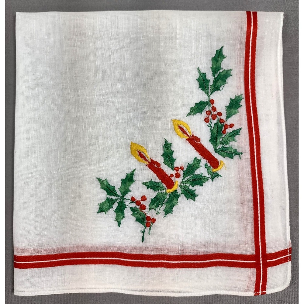Vintage Christmas Handkerchief Holly Berry Red Candles Holiday 12 x 12.5